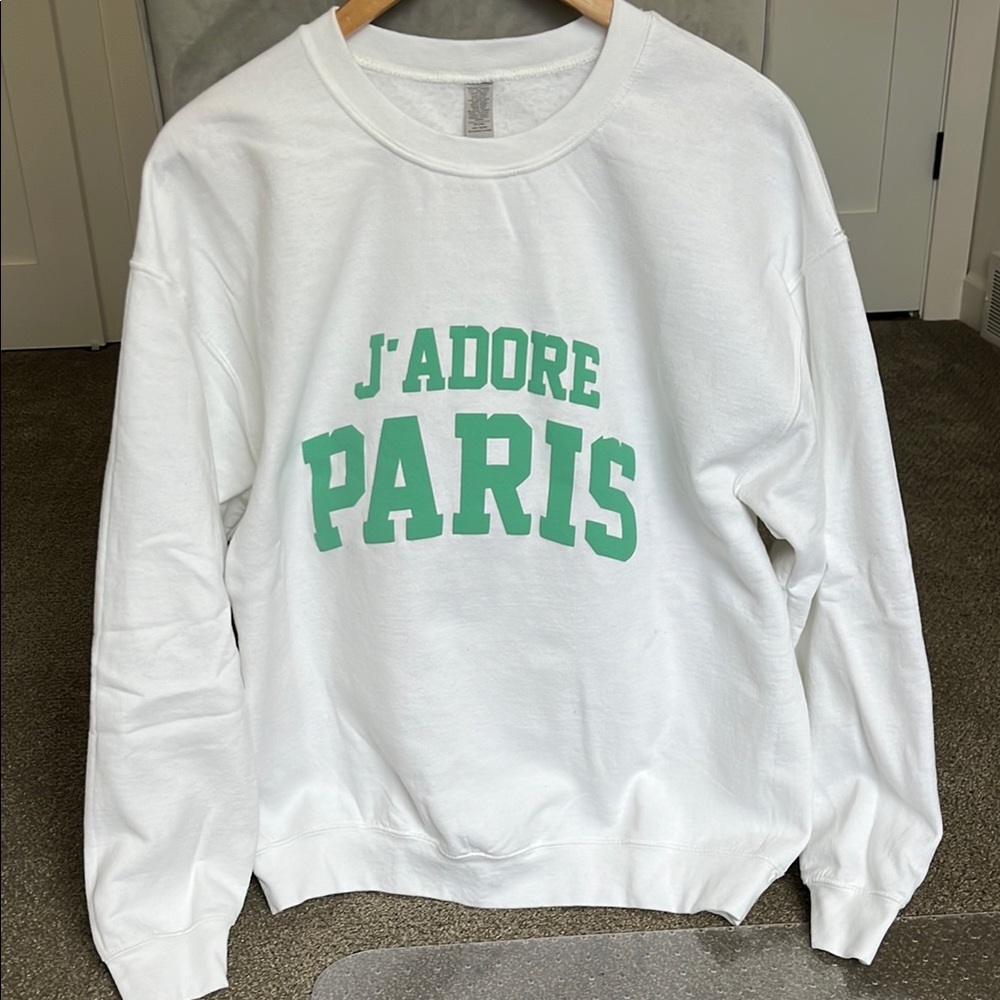 White Sweatshirt with Green 'J'Adore Paris' Print